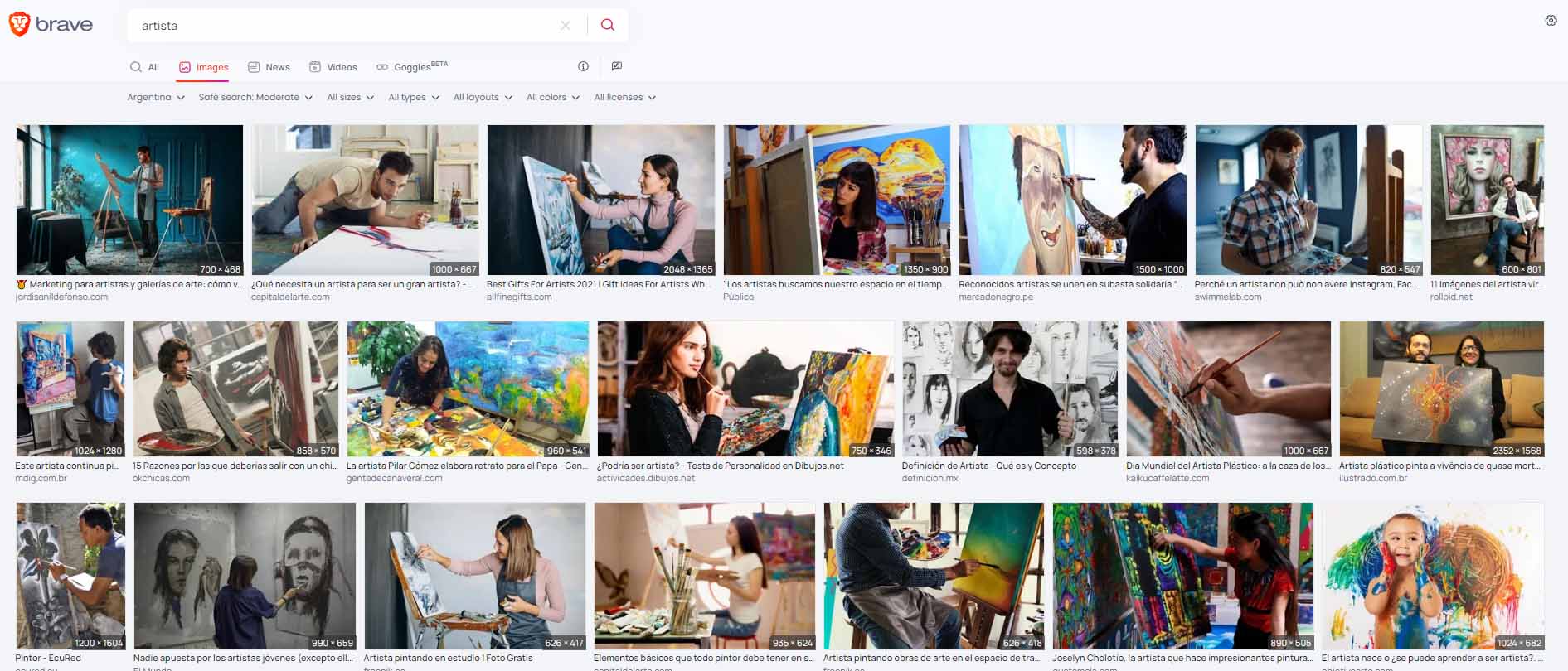 Captura pantalla de un navegador con imágenes que son resultados de búsqueda desde la palabra "artista".