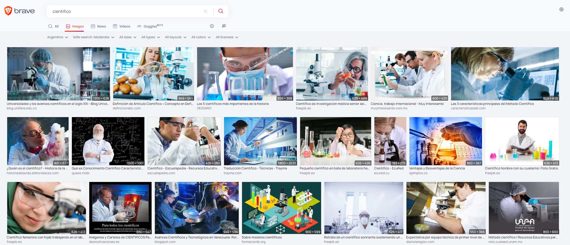 Captura pantalla de un navegador con imágenes que son resultados de búsqueda desde la palabra "científico.